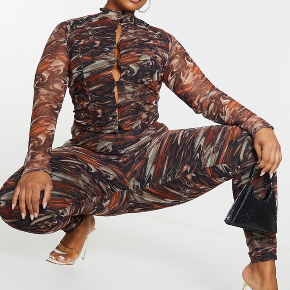 Brown Print Mesh High Neck Button Top